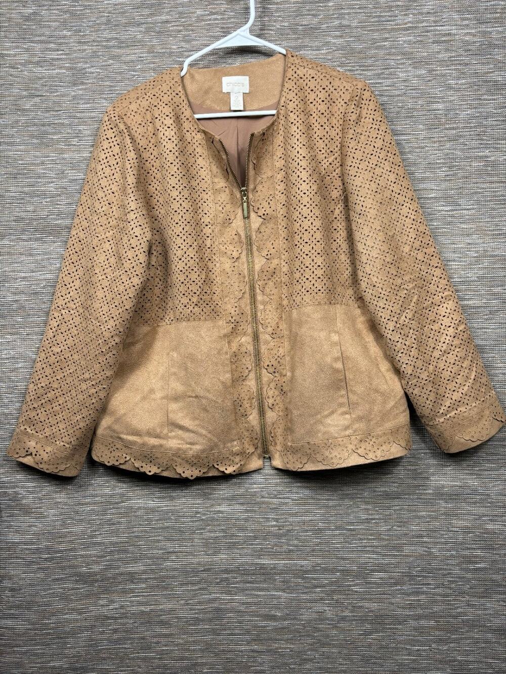 Chico's Faux Suede Jacket Size 2 US L Brown Perforated Eyelets Scalloped Zip Up